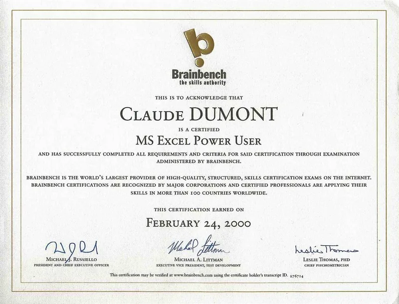 MS Excel Power User Brainbench Zertifikat: MS Excel Power User