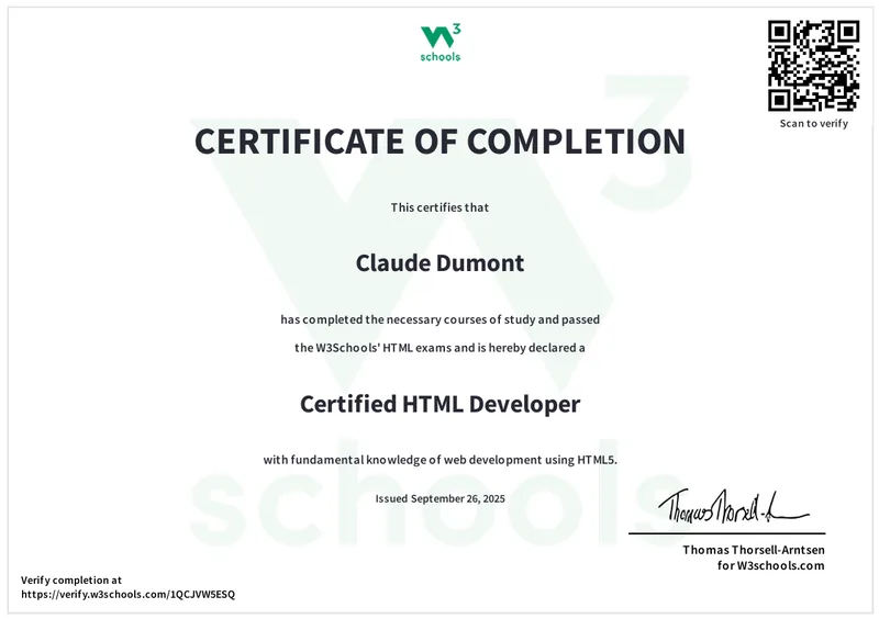 Certified HTML Developer W3Schools Zertifikat: Certified HTML Developer