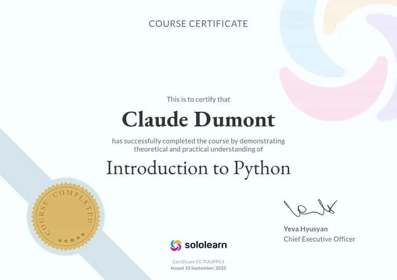 Introduction to Python Sololearn Zertifikat: Introduction to Python